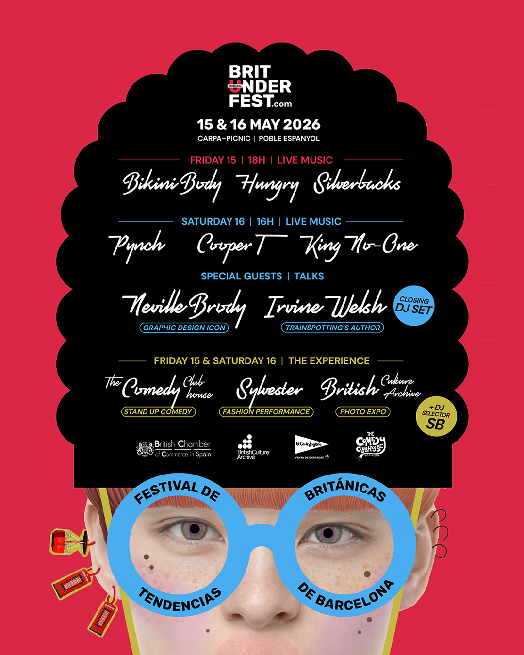 Full Brit Under Fest 2026 programme card listing the live music line-up across Friday 15 and Saturday 16 May 2026, plus the talks and comedy strands
