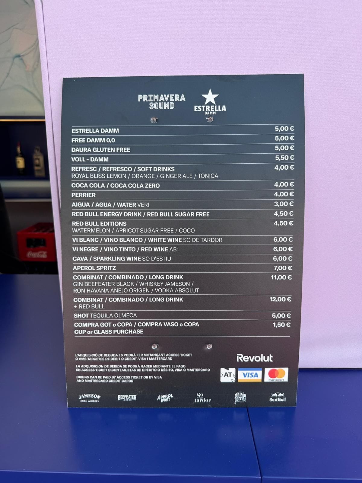 Photograph of the 2025 Primavera Sound bar price menu