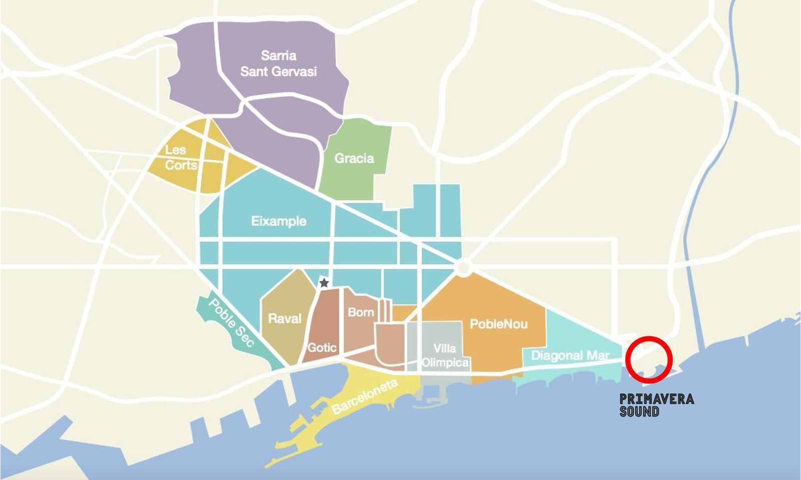 Map of Barcelona neighbourhoods relative to the Parc del Forum festival site