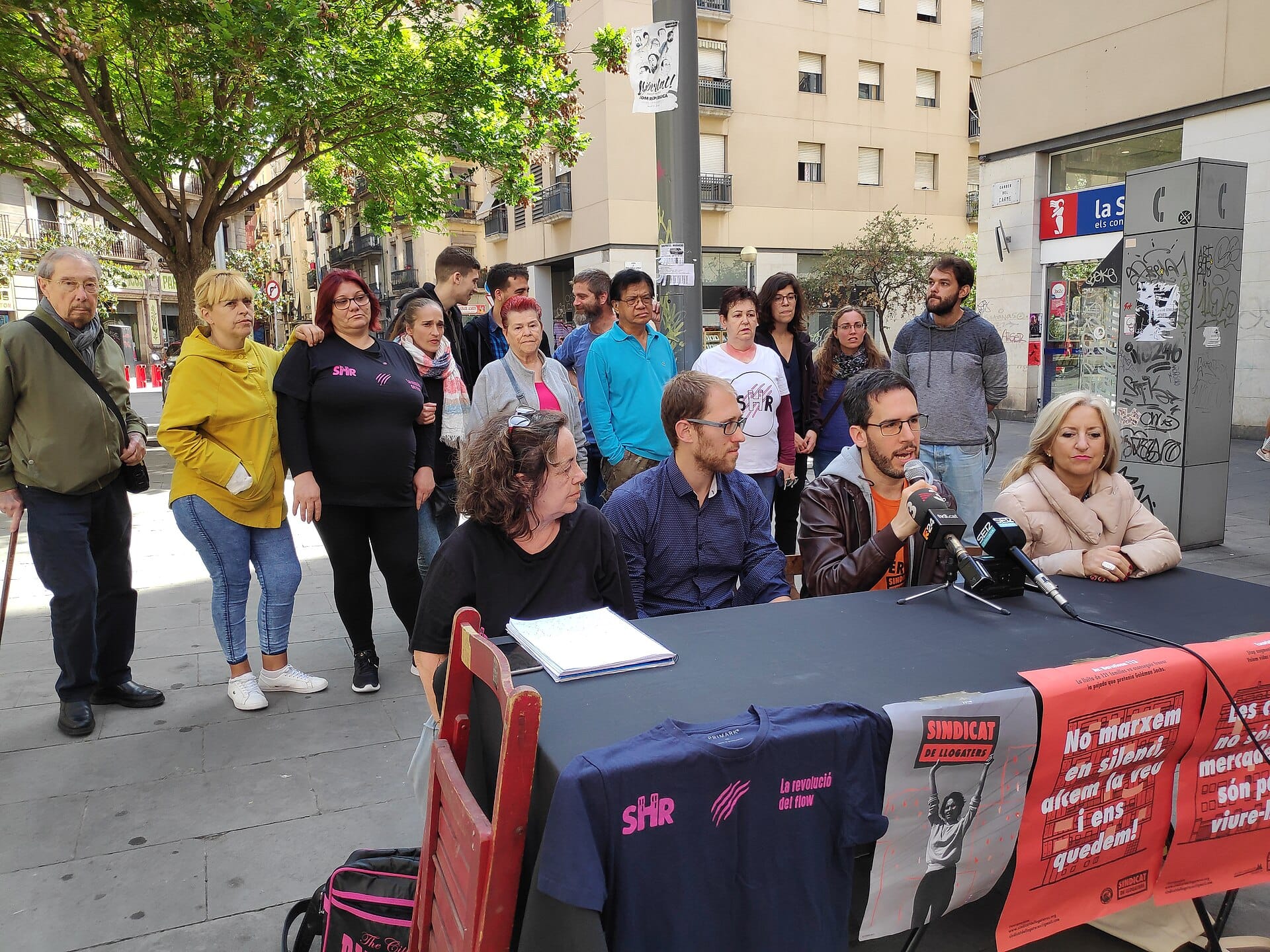 Members of the Sindicat de Llogateres tenants' union at a press conference in Barcelona
