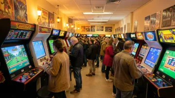 Attendees playing classic arcade games at the RetroBarcelona fair in Barcelona