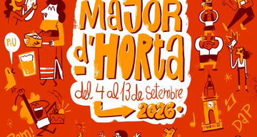 Crowd gathering in Parc de les Rieres d'Horta during a previous edition of the Festa Major d'Horta, with banners and festival decorations visible.