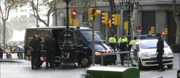 The twin towers of the Policia Nacional and Mossos d'Esquadra headquarters on Placa d'Espanya, Barcelona