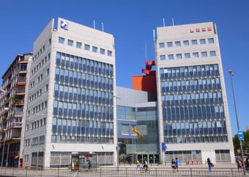 The twin towers of the Policia Nacional and Mossos d'Esquadra headquarters on Placa d'Espanya, Barcelona