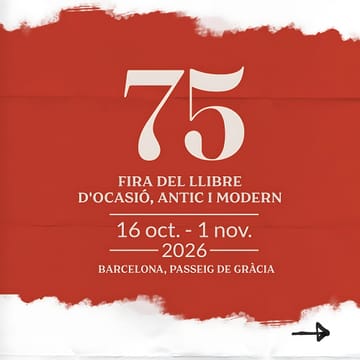 Passeig de Gràcia in Barcelona lined with bookstalls for the Old and Modern Book Fair, with autumn foliage and city architecture in the background.