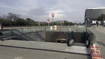 A view of the Parc Logístic metro station in Barcelona, where new anti-flood barriers have been installed at an entrance.