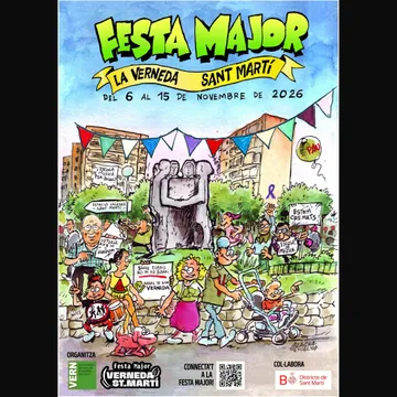 A festive street scene in La Verneda, Sant Martí, with decorated streets, people in traditional dress, and banners for the 2026 Festa Major.