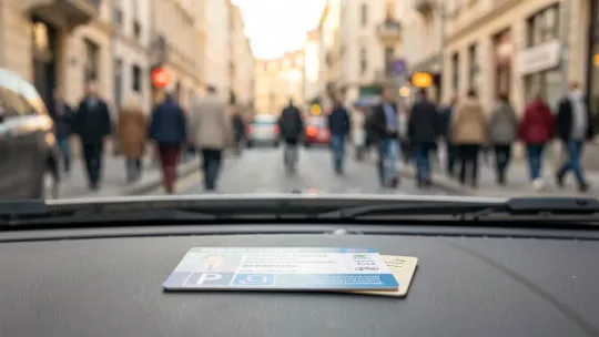 A blue disabled parking permit card displayed on a car dashboard in Barcelona.