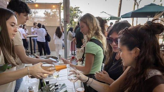 People tasting wine and food at an outdoor festival in Barcelona, with historic buildings in the background.