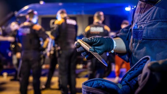 Police officers conducting a search operation in a park at night.