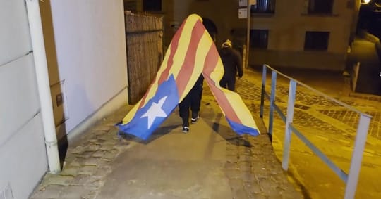 A group of masked individuals removing an Estelada flag from a pole in a public square at night.