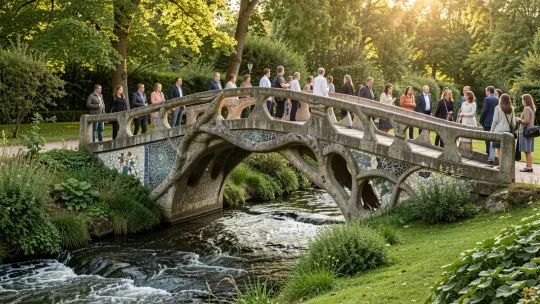 A stone bridge with colourful trencadís mosaic details in the lush Can Artigas Gardens.