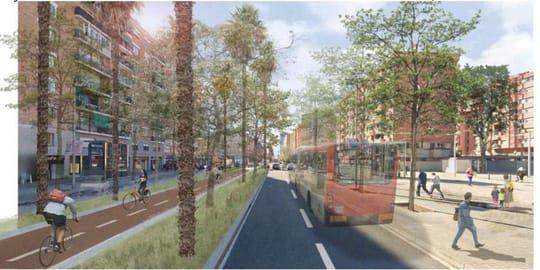 An artist's rendering of a wide urban boulevard with a green central median, cycle lanes, and traffic lanes on the sides, res