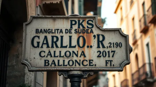 An old street sign in Barcelona showing multiple historical names, partially faded, on a stone wall.