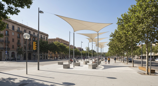 An artist's rendering of a modern shade structure with white fabric canopies over a public square in Barcelona, with people e