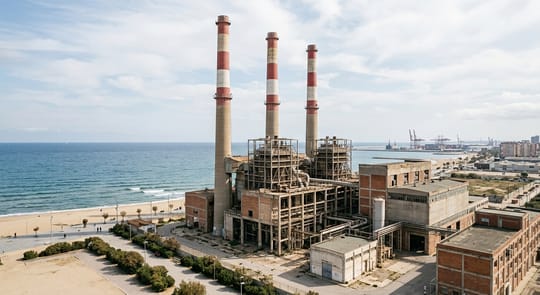 The Tres Xemeneies chimneys and former power plant site on the Sant Adrià de Besòs and Badalona waterfront