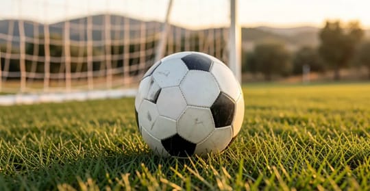 A football rests on green grass on a sunny day, with blurred stadium seating in the background.