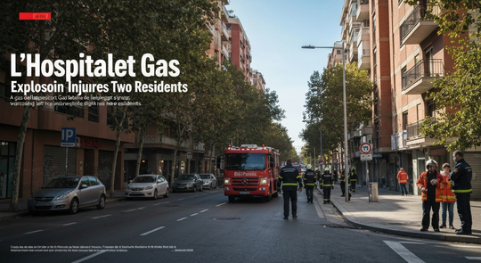 Emergency services vehicles and personnel at the scene of a gas deflagration in L'Hospitalet de Llobregat.
