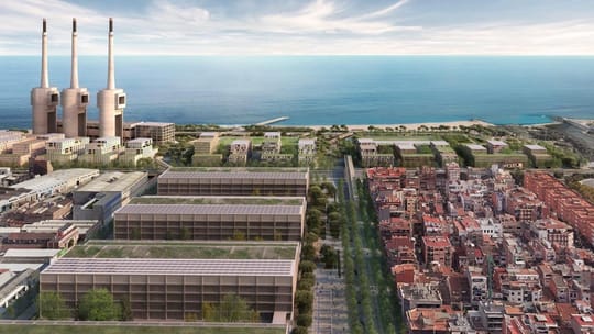 Architectural rendering of the proposed Inditex corporate campus in Sant Adrià de Besòs with modern buildings and green space