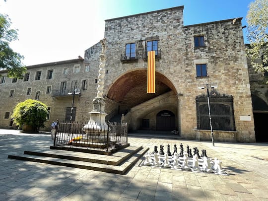 The former Hospital de la Santa Creu complex in El Raval, Barcelona, beside the Jardins de Rubió i Lluch and the route towards plaça de la Gardunya.