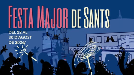 Nighttime street party in Sants during the annual festival, with lights, music and crowds celebrating under decorated façades.