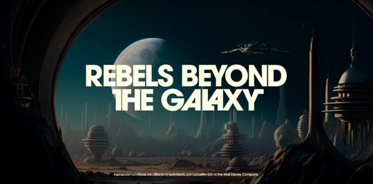 Display cases containing Star Wars collection pieces at the Rebels Beyond the Galaxy exhibition in CASA CUPRA Raval, Barcelona.