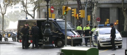 The twin towers of the Policia Nacional and Mossos d'Esquadra headquarters on Placa d'Espanya, Barcelona