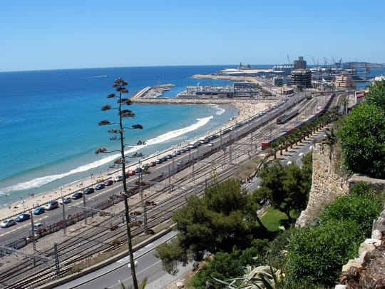 Tarragona's coastline, railway and port seen from the Balco del Mediterrani