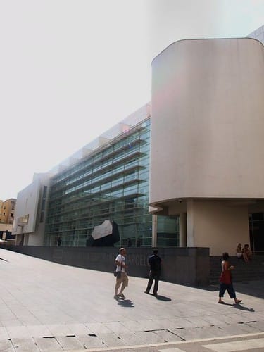 Artwork storage racks in MACBA’s reserves at Plaça dels Àngels in Barcelona, photographed by Miquel Coll.