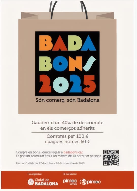 A digital voucher display overlaid on a street scene of Badalona shops, illustrating the city's new 40% discount scheme for local commerce.