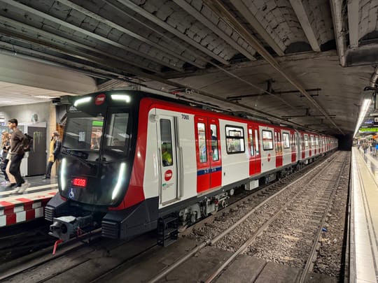 A row of stationary Rodalies trains at a platform in Barcelona, ahead of the 11 November transport strike.
