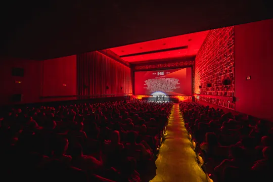 A packed cinema auditorium illuminated in red, with the In-Edit 2026 festival programme projected onto the screen.