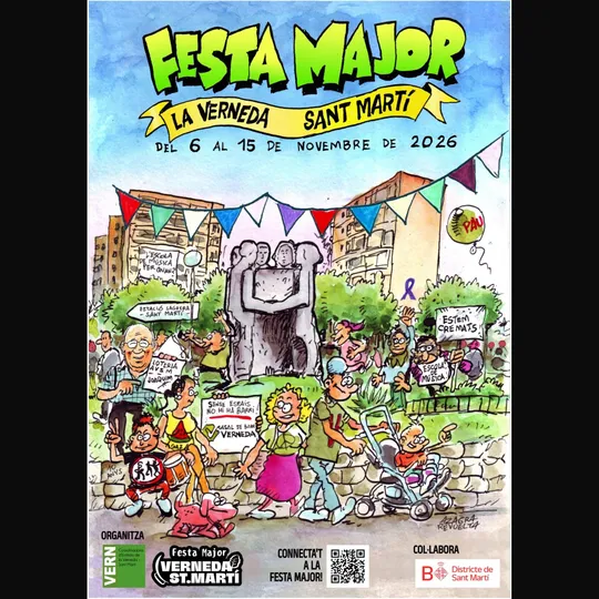 A festive street scene in La Verneda, Sant Martí, with decorated streets, people in traditional dress, and banners for the 2026 Festa Major.