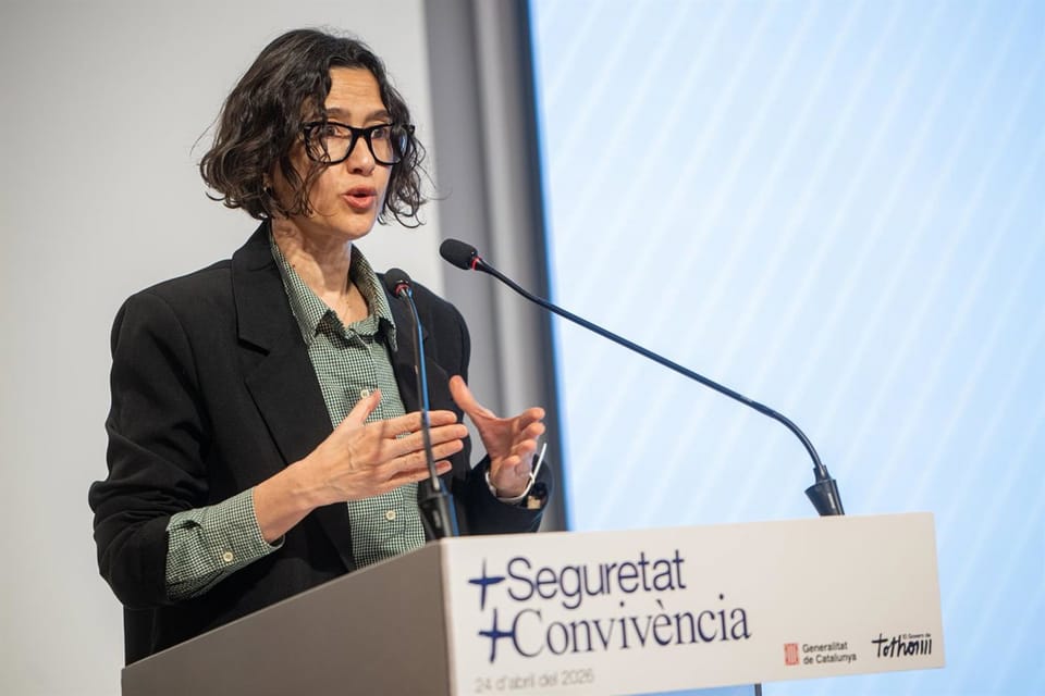 Catalonia's Interior Minister Núria Parlon speaking at a press conference about public safety and crime reduction strategies.