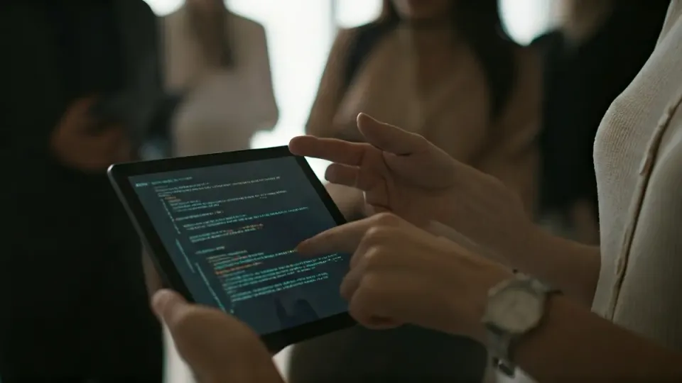 Hands collaborating on a tablet displaying code, symbolising technological work and teamwork.