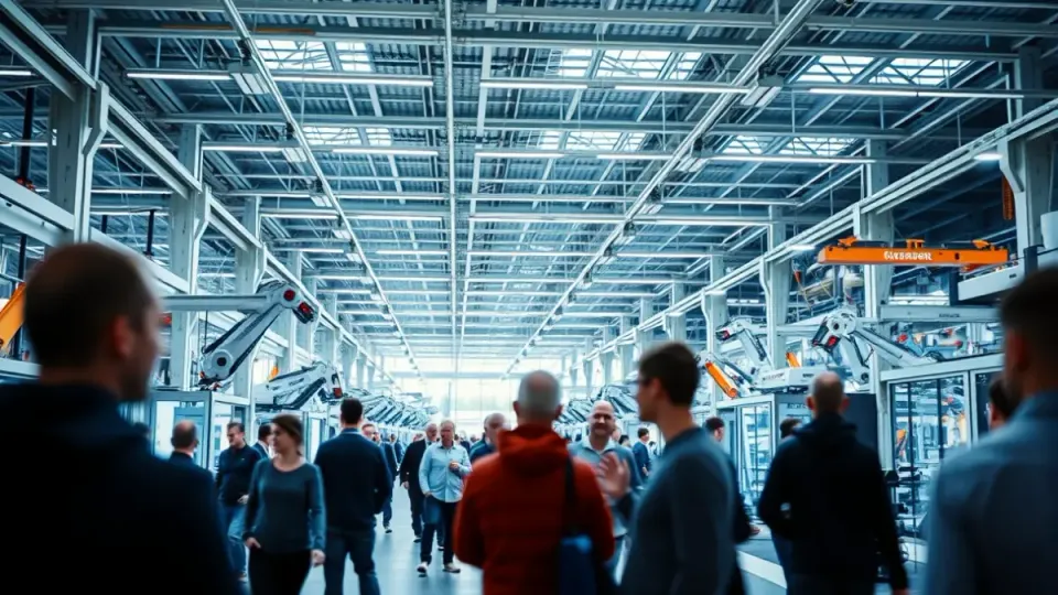 An industrial fair with robots and advanced technology on display, representing Industry 4.0 innovations.