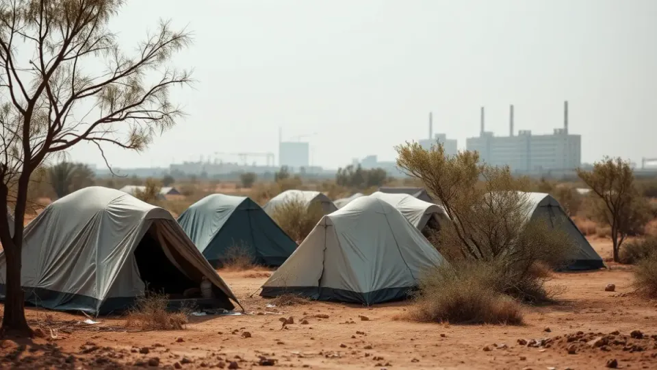 Tents on an urban plot in L'Hospitalet, symbolising a homeless settlement.