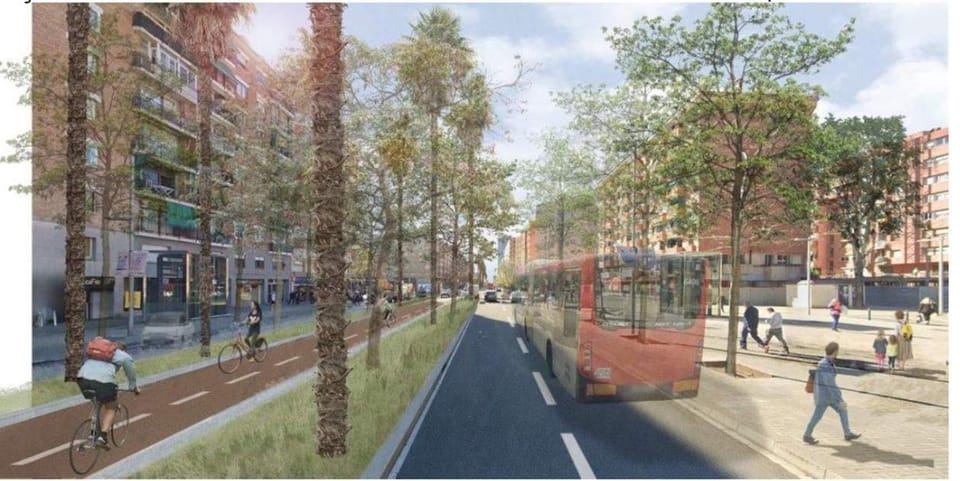 An artist's rendering of a wide urban boulevard with a green central median, cycle lanes, and traffic lanes on the sides, res