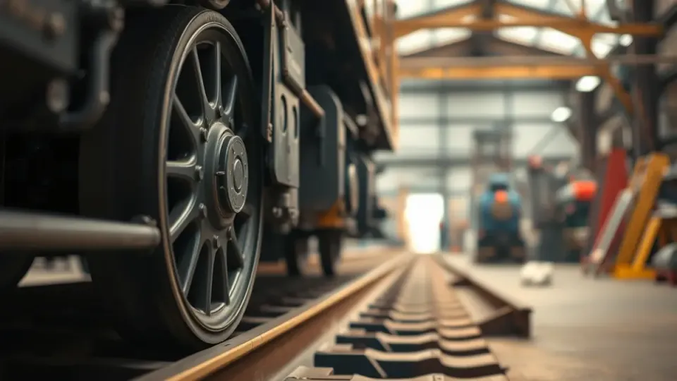 Train wheel and maintenance equipment inside a railway workshop.