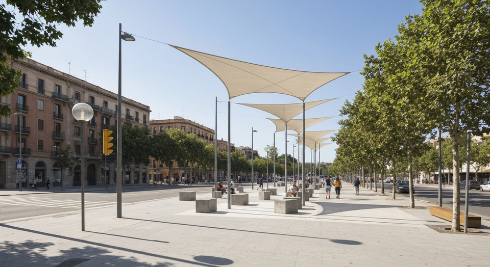 An artist's rendering of a modern shade structure with white fabric canopies over a public square in Barcelona, with people e