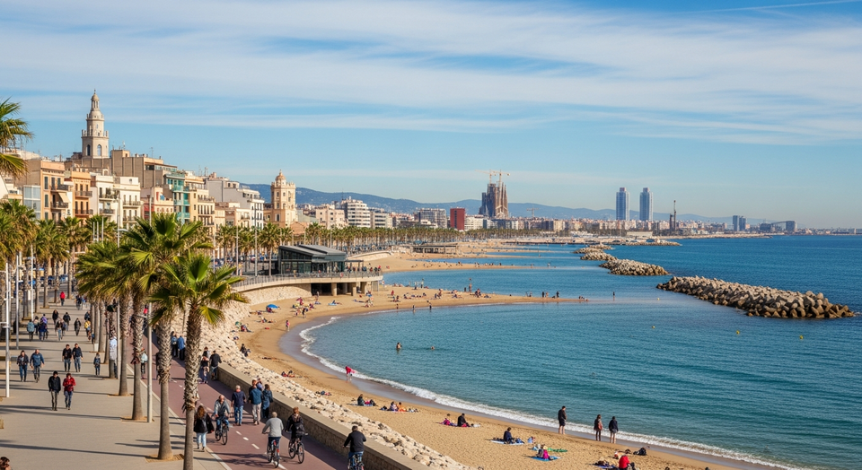 Aerial view of Barcelona's coastline, showing beaches, promenades, and urban areas stretching from Barceloneta towards Sant A