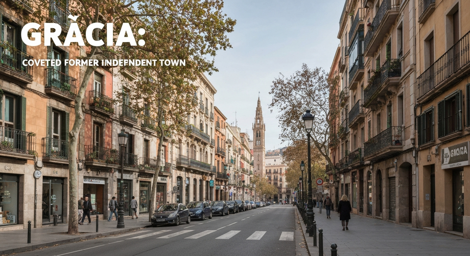 A view of Plaça del Sol in Barcelona's Gràcia district, showing people sitting at outdoor tables with historic buildings in t