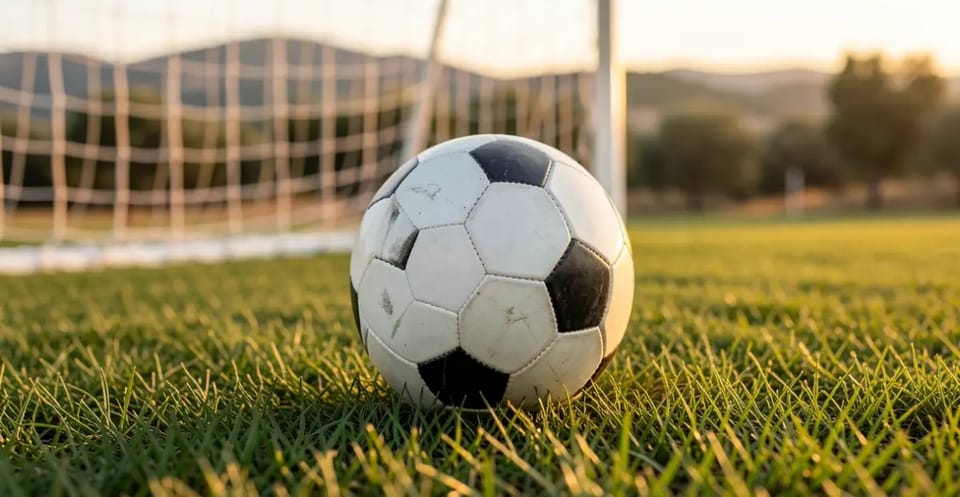 A football rests on green grass on a sunny day, with blurred stadium seating in the background.