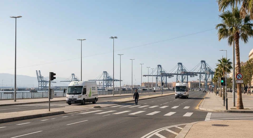 Electric cars parked on a large cargo ship at the Port of Barcelona with cranes in the background.