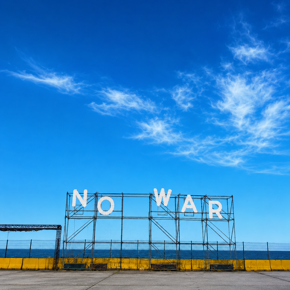The NO WAR sign against a blue sky on the seafront at Parc del Forum, Barcelona