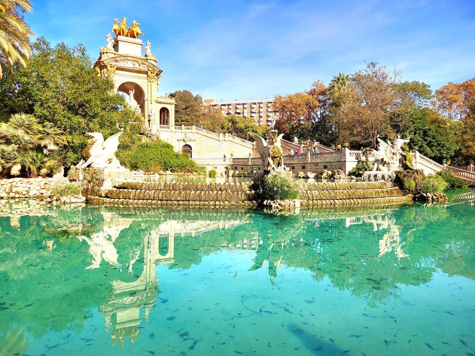 A quiet path through Parc de la Ciutadella in Barcelona, trees and greenery on either side