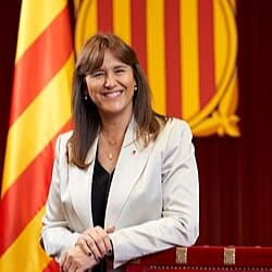 Laura Borràs, former president of the Parliament of Catalonia, speaks at a public event in Barcelona.
