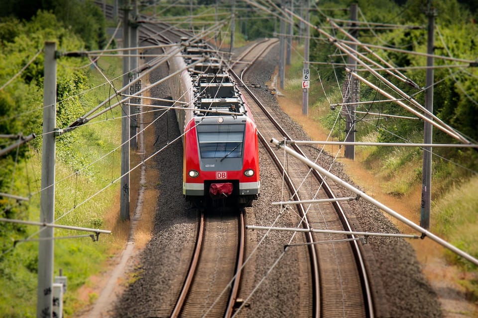 A train on FGC infrastructure in Barcelona, illustrating recruitment for the future R-Aeroport service to Josep Tarradellas Barcelona-El Prat Airport.