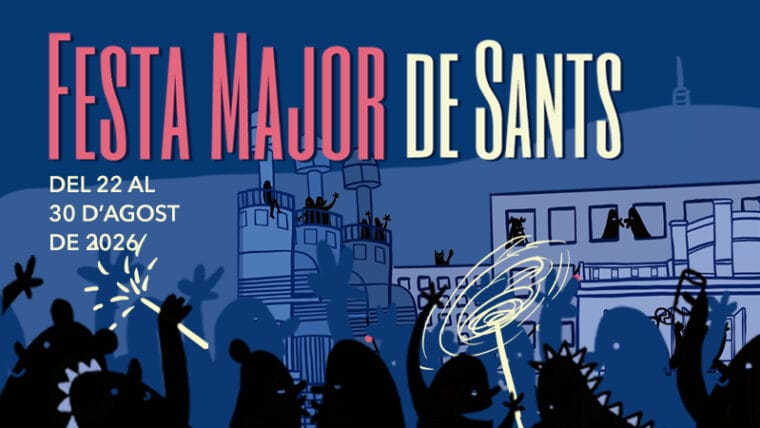 Nighttime street party in Sants during the annual festival, with lights, music and crowds celebrating under decorated façades.