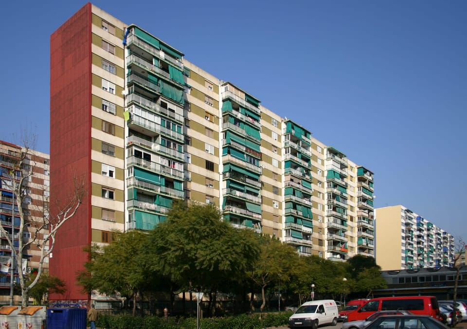 Apartment blocks and residential streets in the Sant Ildefons neighbourhood of Cornellà de Llobregat, within the Barcelona metropolitan area.